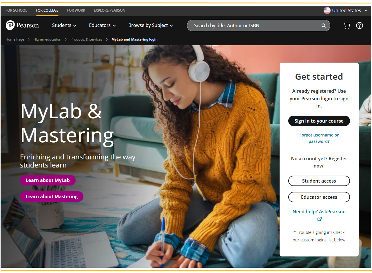MyLab and Mastering sign in page