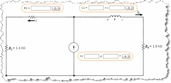 sample question showing a circuit diagram with input boxes where you can enter real numbers, text, and choose a unit